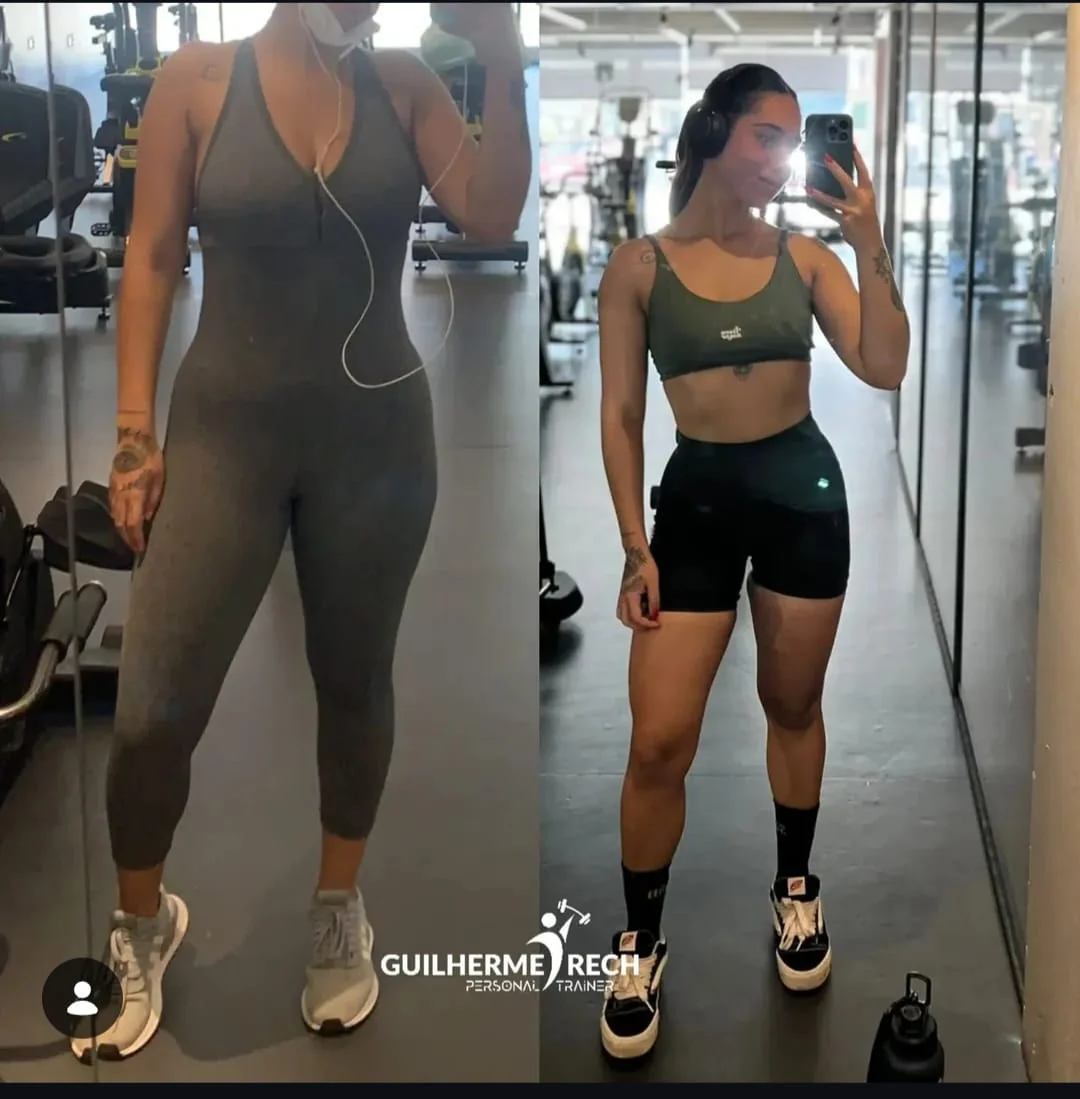 Antes e depois de aluna na academia, de macacão cinza e roupa verde e preta