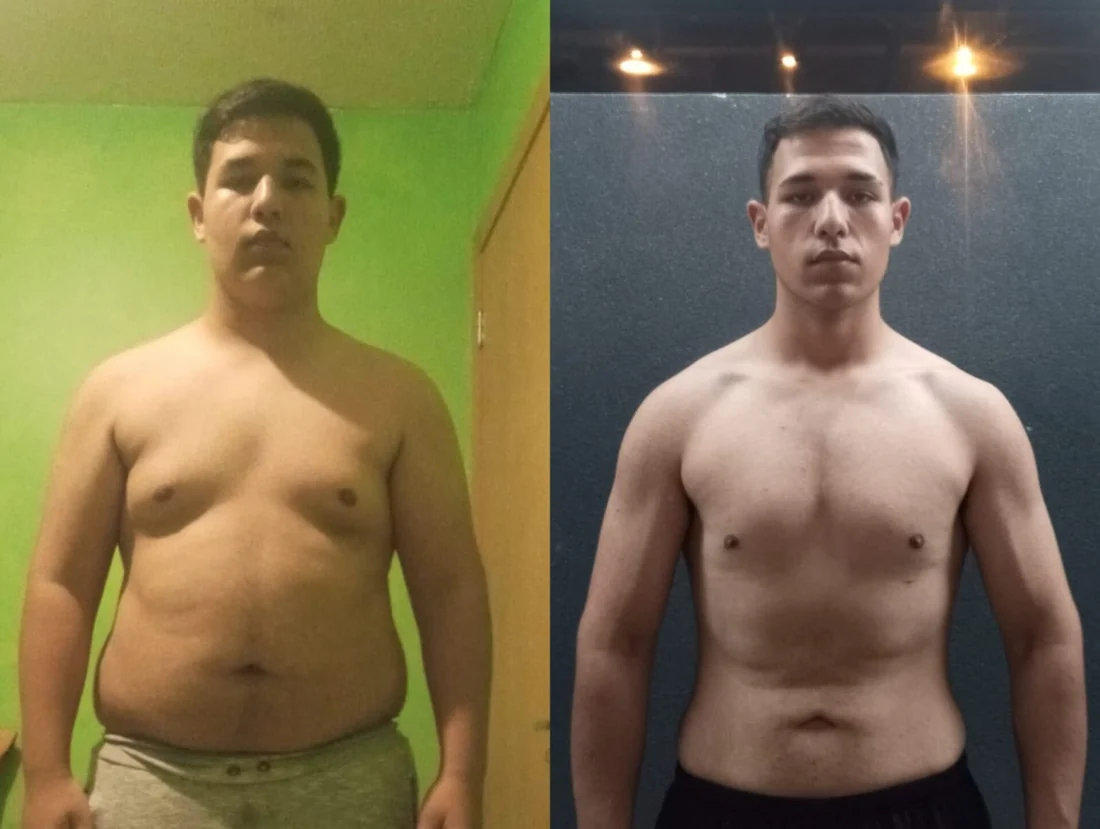 Antes e depois frontal de aluno em dois registros com iluminação diferente